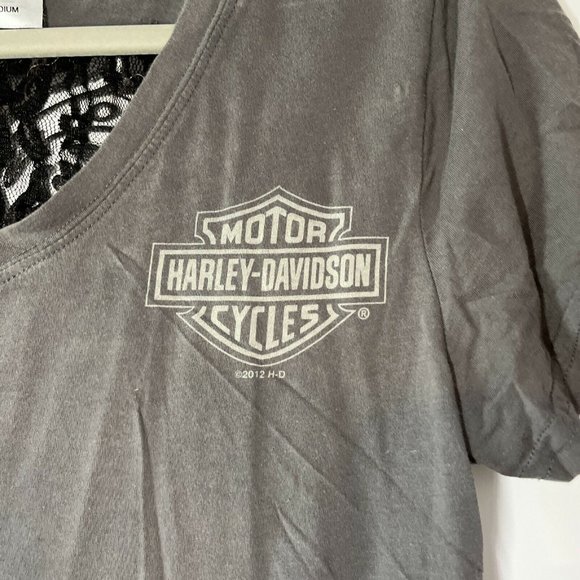 Harley Davidson Women's  Heritage Cycles V-Neck T-Shirt M With Lace Back Gray - Picture 2 of 6